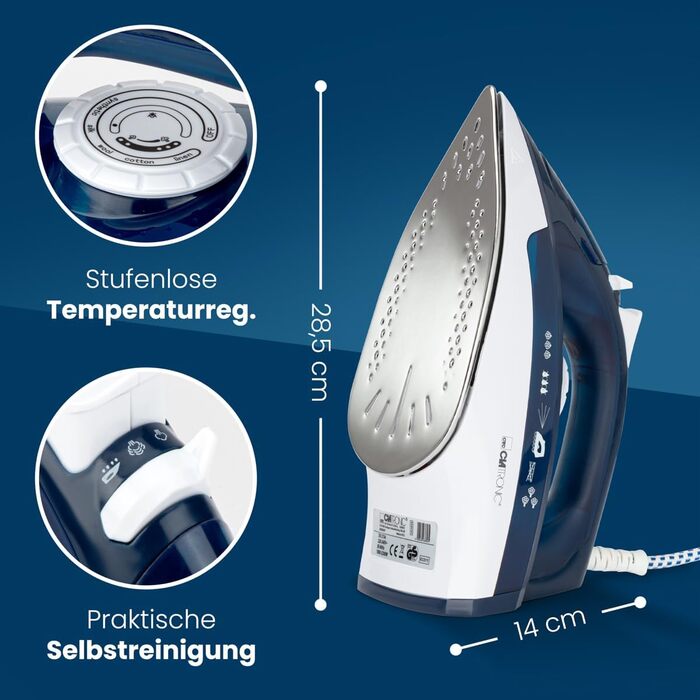 Праска Clatronic® з нержавіючою підошвою | 2200W | Парова праска | 250 мл резервуар | швидкий нагрів | з функцією захисту від накипу та запобіганням протікання води | DB 3704