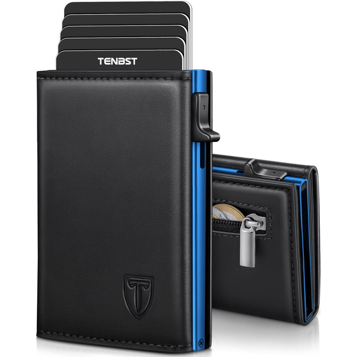 Чоловічий шкіряний гаманець TENBST з RFID захистом, 8 відділень для карток, відділення для монет (Блакитний)