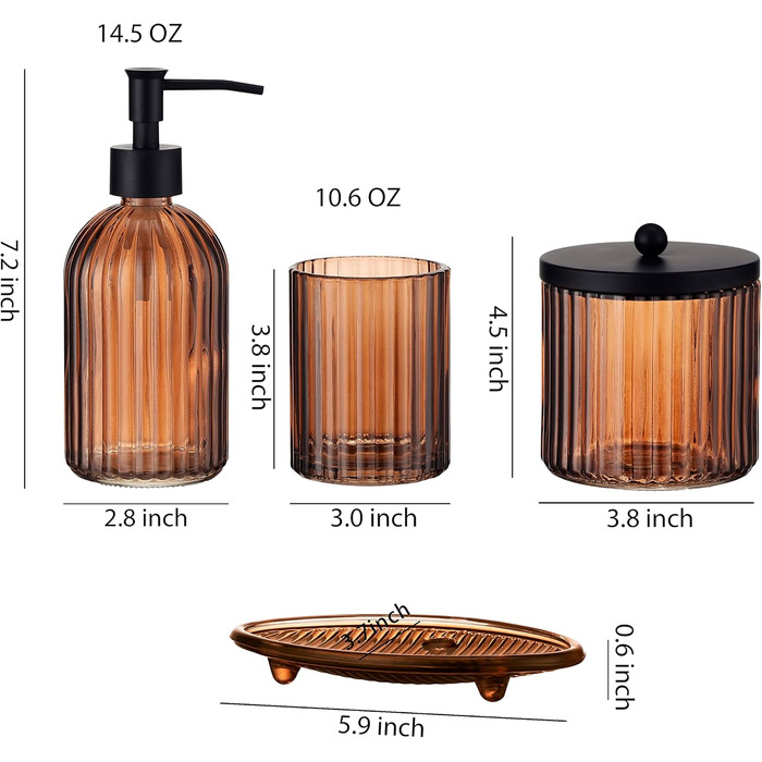 4-Piece Heavy Glass Bathroom Accessories Set with Decorative Embossed Pattern – Includes Soap Dispenser, Cup, Soap Dish, and Toothbrush Holder (brown)
