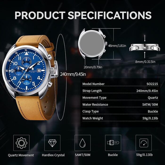 Годинник чоловічий SAPPHERO кварцові з шкіряним ремінцем. Класичний бізнес-годинник з хронографом, водостійкий (50 м), синій циферблат, арабські цифри.