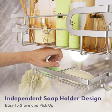 Настінна поличка для душу SWTYMIKI з нержавіючої сталі, сірого кольору - 2 корзини, 2 мильниці, 14 гачків