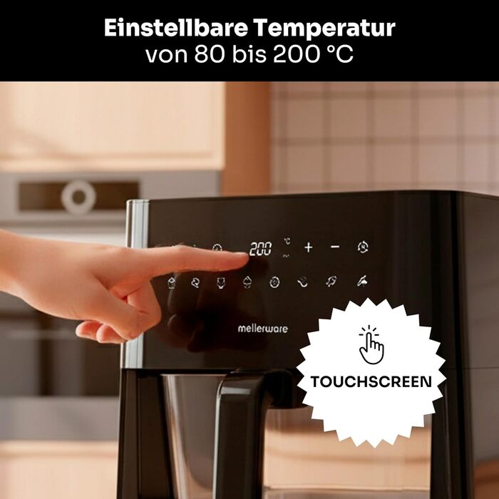 Фритюрниця без олії MELLERWARE 1450W з скляним контейнером 4.5L, 9 програм, сенсорний дисплей, 80–200°C, таймер 60 хв, для миття в посудомийній машині