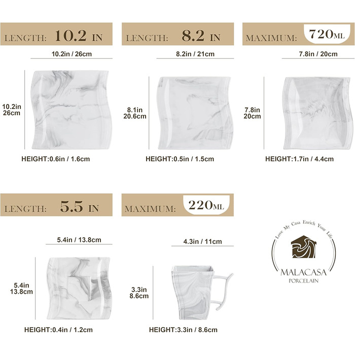 MALACASA Flora 30-Piece Marble Porcelain Dinnerware Set - Grey