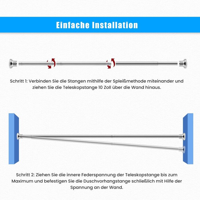 Штанга для душу з кріпленням без свердління, телескопічна, 72-134 см, діаметр 25 мм, срібна