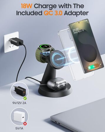 Бездротова зарядка Meifigno 3-в-1 для Samsung Galaxy: Mag-Safe, годинник, навушники (чорний)