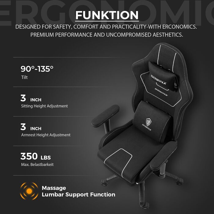 Ігровий крісло Dowinx з тканини, чорного кольору, з ергономічним дизайном та м'якими підлокітниками для комфортного тривалого сидіння