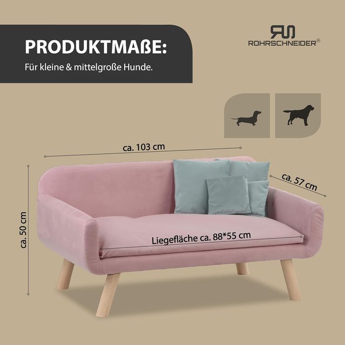 Диванчик для собак Chicago | Водостійкий лежак для собак маленьких та середніх порід | Макс. вага 50 кг | З міцної деревини | Виготовлено в ЄС | Розміри: 103x57x50 см | Сумка для відходів (рожева)