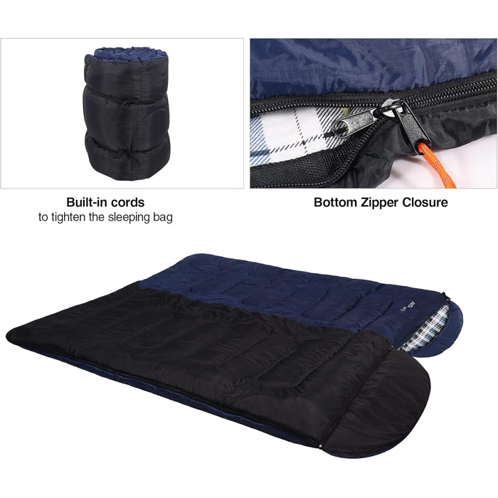 REDCAMP XL Cotton Sleeping Bag - Warm, Removable Hood, Flannel Comfort - 3-4 Season Sleeping Bag for Adults & Kids - Camping, Outdoor, Fishing - Blue (2lbs/3lbs Fill)