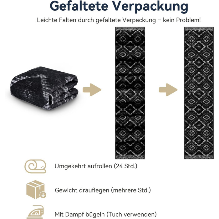 Килимок-довгий килим для коридору, кухні, вітальні та офісу. Нековзкий, з коротким ворсом, пральний, складаний, у стилі бохо, чорно-білий (60 x 180 см)