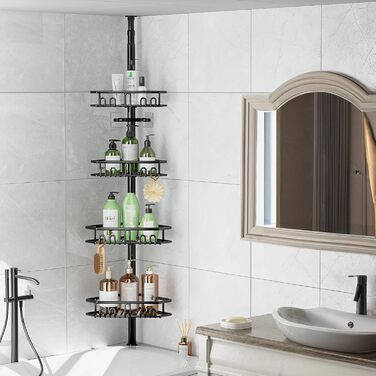 Bomclap Telescopic Shower Shelf, Metal Telescopic Rod Corner Shower Shelf with 4 Baskets, Telescopic Shelf Bathroom Shower Rack without Drilling for Bathtub and Bathroom, Height Adjustable 157-290cm, Black