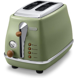 Тостер De'Longhi Icona Vintage CTOV 2103.GR Olive Green – 2 слоти, підставка для булок, 6 рівнів підсмажування, функція підігріву та розморожування, з нержавіючої сталі, ретро-дизайн
