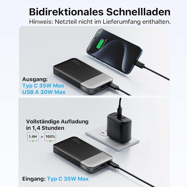 Power Bank Nobis 35W 10000mAh з цифровим дисплеєм, 2 USB-C, 1 USB-A (Чорний)