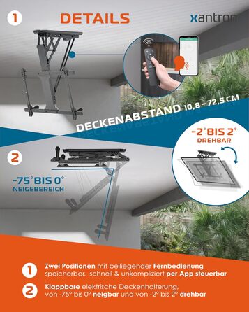 Електричний стельовий кронштейн для телевізора Xantron DEHA-600E 32-70 дюймів VESA до 600x400 мм, до 35 кг з пультом