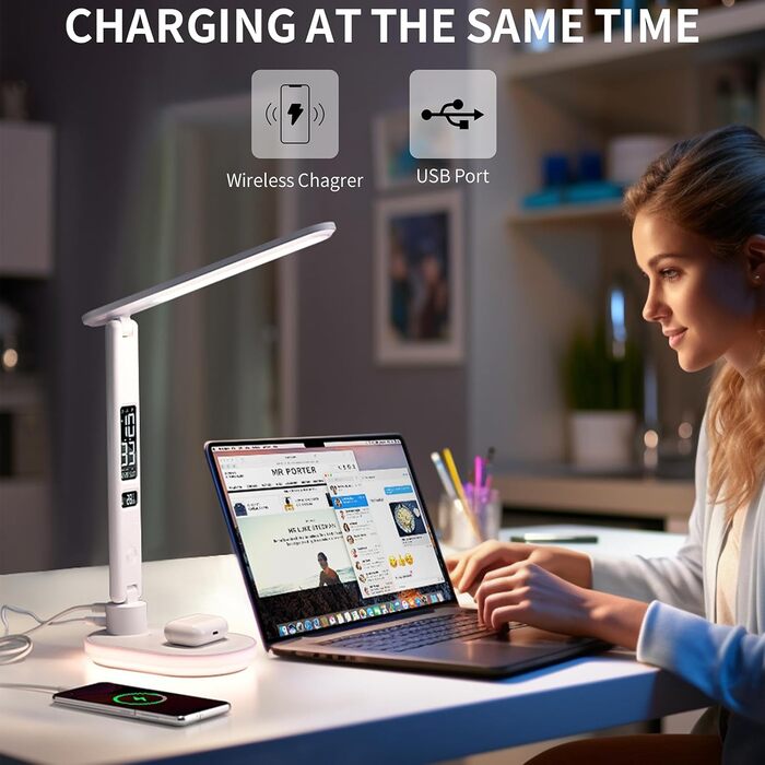 LED настільна лампа з USB зарядкою, годинником, LCD дисплеєм та регулюванням температури для спальні, офісу (біла)