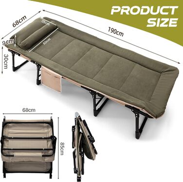 Розкладне ліжко для кемпінгу XXL - широке кемпінгове ліжко, розкладне ліжко, карпове ліжко з регульованою спинкою, ліжко для саду та відпочинку на відкритому повітрі (зелене)