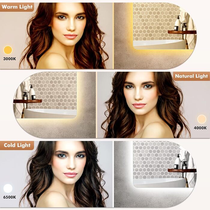 Дзеркало для ванної кімнати Viugreum з підсвічуванням 50x75 см, овальне LED дзеркало для ванної, диммування, 3 кольори світла, проти запотівання, годинник, сенсорна кнопка, дзеркало з LED підсвічуванням для ванної кімнати, вітальні (50x70 см)