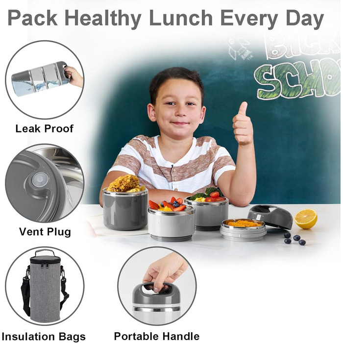 Ланчбокс Lille Home з нержавіючої сталі 1.43л, 3-рівневий, ізольований, без BPA, для жінок та чоловіків, білий