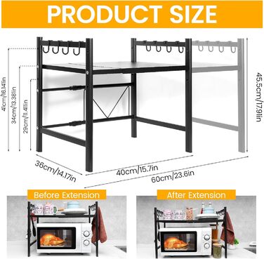 Регульована підставка для мікрохвильовки 2-ярусна, розширювана полиця для кухні з вуглецевої сталі з 8 гачками, органайзер для кухонних аксесуарів, стійка для мікрохвильовки та полиця для зберігання, кухонна полиця для випічки