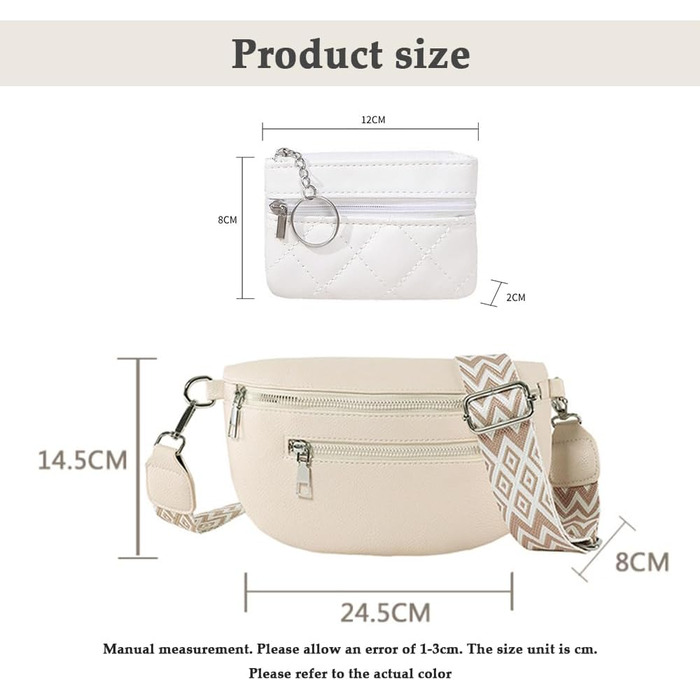 Жіноча сумка через плече з відділенням для дрібних грошей, шкіряна бананка, середнього розміру, з широким регульованим ремінцем. Ідеальна для фестивалів, подорожей та повсякденного використання. Білий колір.