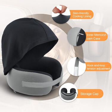 Подушка для шиї у літак з капюшоном, Memory Foam, сіра. Подушка для подорожей, авто, дорослих. З навушниками.