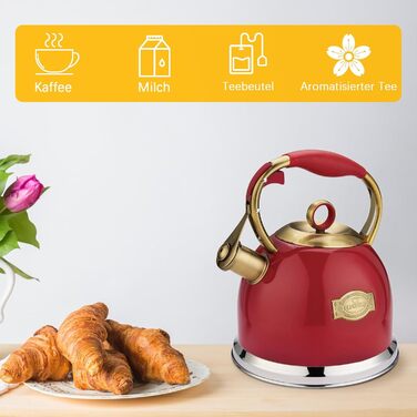 Чайник-свисток 3л з нержавіючої сталі, з термостійкою ручкою, для індукційних плит (червоний)