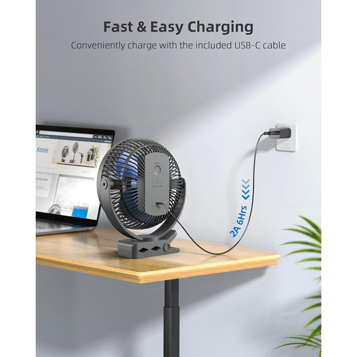 Вентилятор Koonie 10000 mAh з кліпсою, 20 см, портативний USB, акумуляторний, 4 швидкості, 360° оберт, тихий, для дому, офісу, дитячої коляски, кемпінгу, гроу-тента (блакитний)
