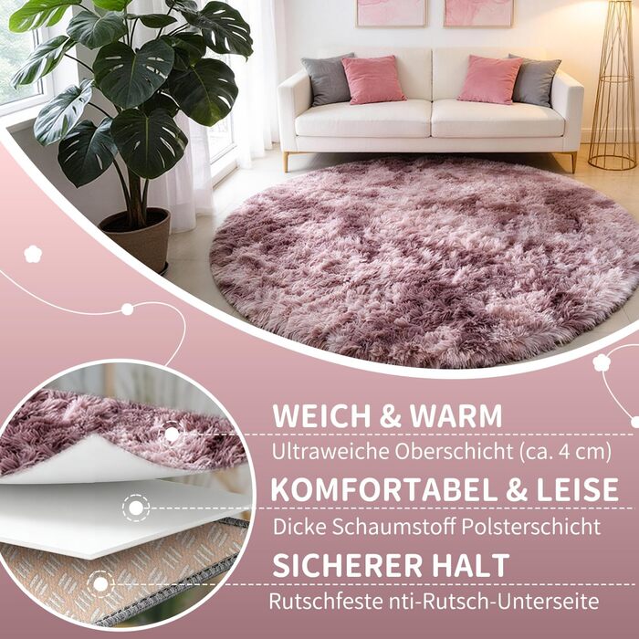 Килим круглий 100 см, м'який, пухнастий, антиковзний, дитячий, рожево-ліловий (Batik) - пральний килим для дитячої кімнати