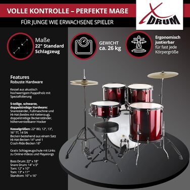 XDrum Rookie 22' барабанний комплект Ruby Red - ідеальний для початківців, стильна фурнітура, з паличками 5B та інструкцією
