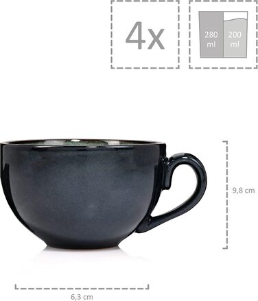 SÄNGER | Copenhagen Coffee Cup Set, 8-Piece, Coffee Service for 4 People, Dishwasher-Safe Coffee Cup and Saucer Set, Stoneware Cup & Saucer Grey with Green Interior 200 ml | PREMIUM COLLECTION Coffee Cups, 4-Piece