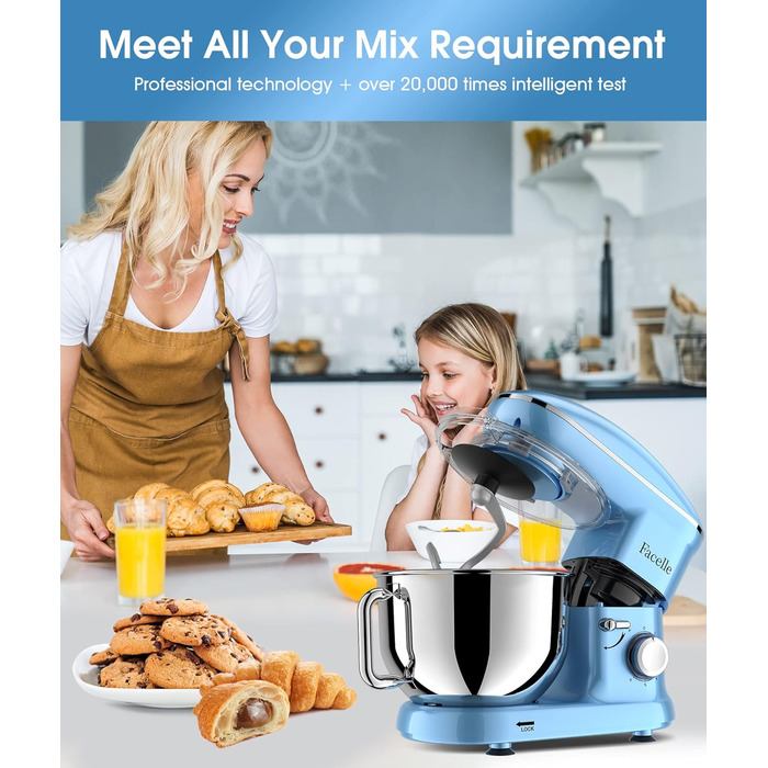 Кухонна машина Facelle 1500W з нержавіючою чашею 6.2L, 6 швидкостей, комплект насадок (міксер, гак для тіста, вінчик, сплеск-захист), блакитна