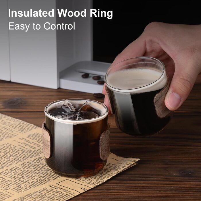 Набір еспресо-чашок ParaCity, 2 шт. з дерев'яним кільцем, склянка для еспресо та шнапсу з боросилікатного скла, прозора маленька чашка для еспресо, аксесуари для еспресо (150 мл)