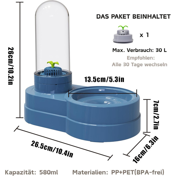 Автоматичний поїльник для котів та собак, 580 мл. Фонтанчик для тварин з фільтром. Підходить для малих собак, котів, кроликів та інших дрібних тварин (Блакитний)