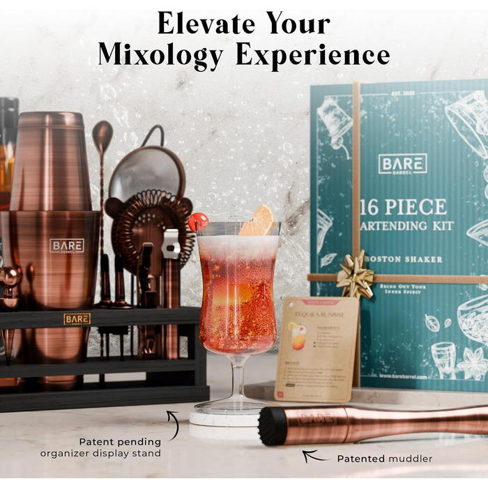 Набір бармена BARE BARREL® Mixology: 16 предметів для приготування коктейлів | Шейкер, інструменти, рецепти | Ідеальний подарунок для дому