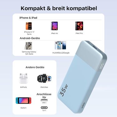 Power Bank NOBIS 35W 10000 mAh з двома USB-C та USB-A, цифровим дисплеєм (Блакитний)