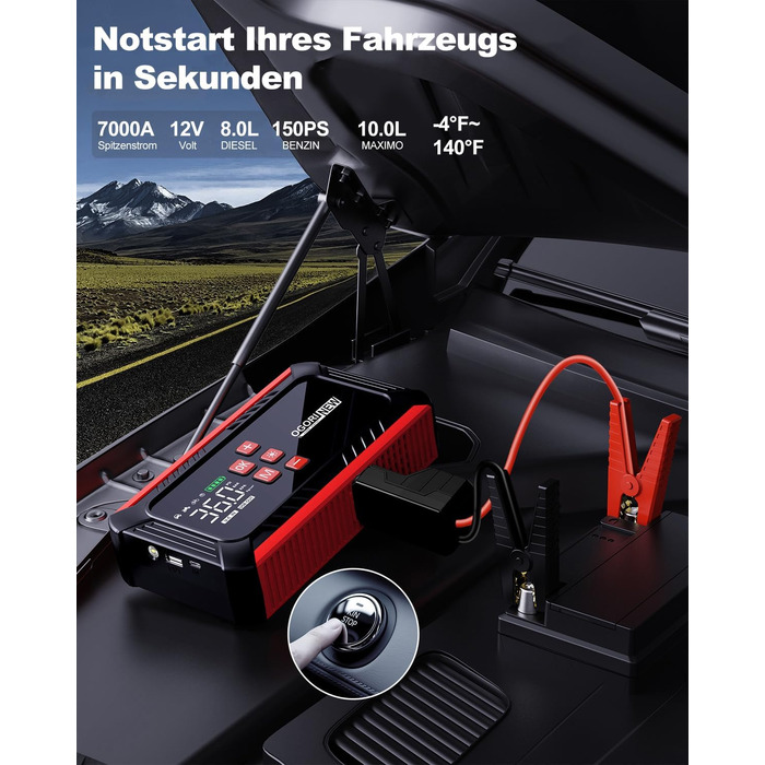 Портативний акумулятор для авто з компресором 150PSI, 7000A, 12V, 8L/10L (бензин/дизель), з запальничкою, LED-ліхтарик B195