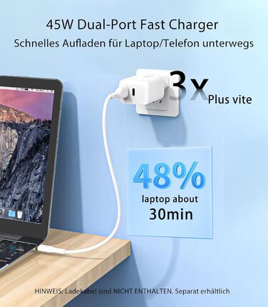 Мережевий зарядний пристрій USB-C 45W з 2 портами, PD 3.0, швидка зарядка для Samsung Galaxy S24/S23/S22, iPhone 16/15/14 Pro Max, iPad, Pixel, мобільні телефони