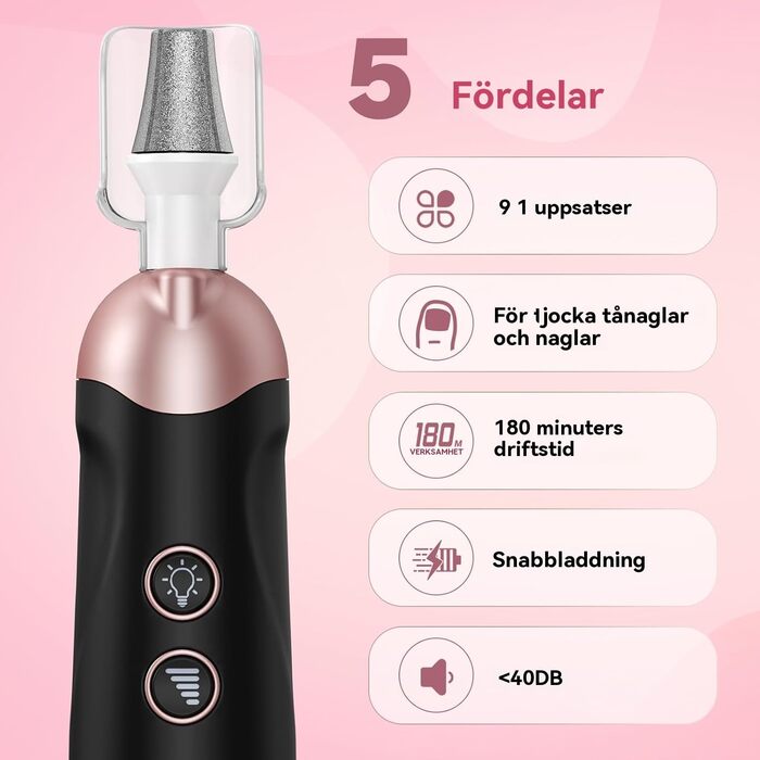 Електричний набір для манікюру та педикюру AOMEES з 9 насадками, 5 швидкостей, LED-підсвічуванням та сумкою для зберігання