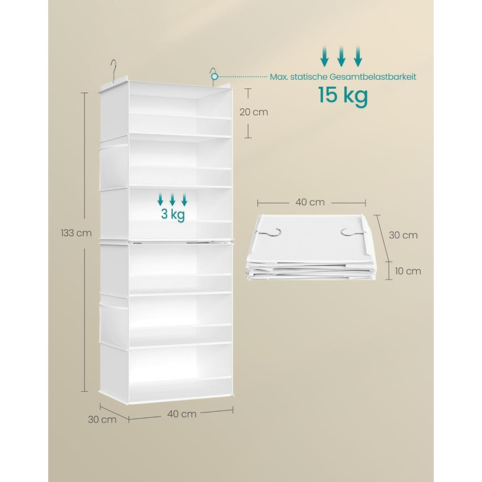Органайзер для шафи SONGMICS, роздільник полиць, навісна полиця, розкладний органайзер, металеві гачки та бамбукові вставки, білий (RCH007W01)