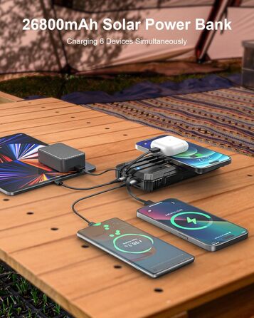 Сонячний повербанк 26800 mAh з 4 кабелями, швидка зарядка USB-C, Qi бездротова зарядка, LED ліхтарик – для телефонів, планшетів, кемпінгу (Чорний)