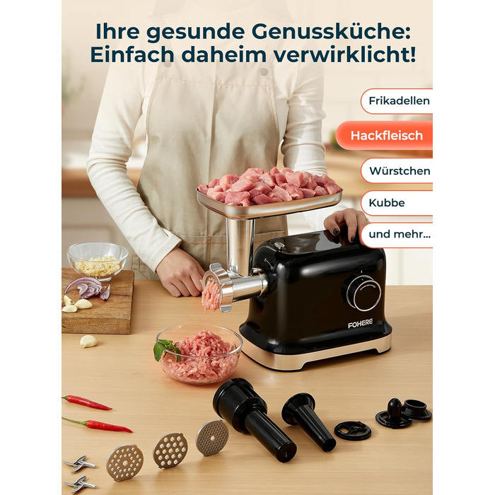 М'ясорубка електрична Fohere 2000 Вт з насадками для ковбас та кубів, 3 диски (7/5/3 мм), чорна