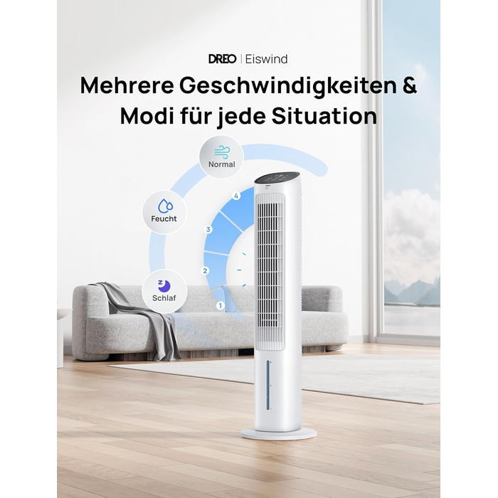 Охолоджувач повітря Dreo з водяним охолодженням, 40 дюймів, 80° поворот, 3 режими, 4 швидкості, білий, з пульт