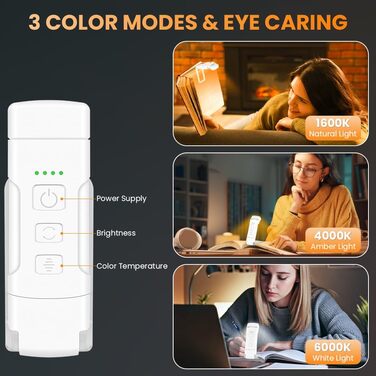 LED-лампа для читання з кліпсою, перезарядна, 3 режими температури кольору, USB, гнучка на 360°, для читання в ліжку, ідеально для книголюбів та дітей