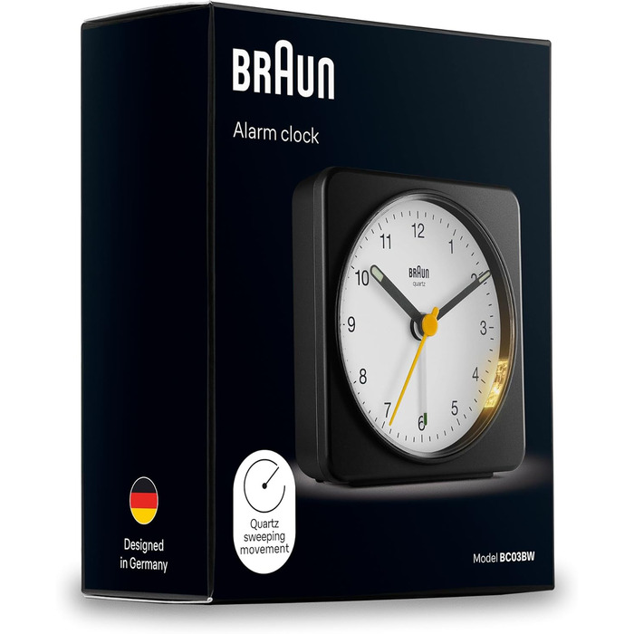Braun Classic Analog Alarm Clock with Snooze Function and Light, Silent Quartz Movement, Crescendo Alarm, Black and White Model BC03BW.