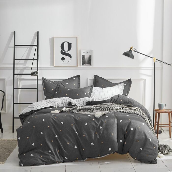 Комплект постільної білизни Uozzi Bedding Queen: 3 шт., блакитний, сірий, трикутний дизайн, 800 TC, мікрофібра з блискавкою, 4 стрічки, сучасний літній стиль для жінок та чоловіків (темно-сірий, Twin (1 комплект простирадла + 2 наволочки))