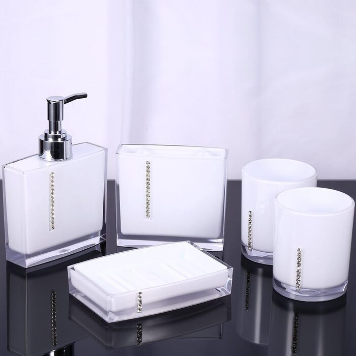 5-Piece Bathroom Accessories Set includes emulsion bottle, toothbrush holder, 2 rinsing cups, soap dish, plastic gift bath set, white