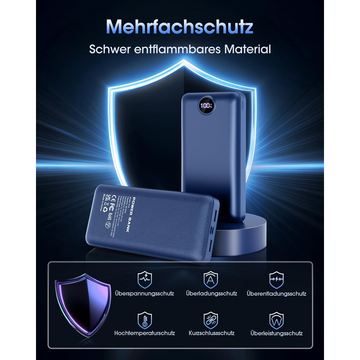 Power Bank 50000mAh з LED дисплеєм: Швидка зарядка 22.5W, 3 виходи USB та 2 входи, сумісний з iPhone, iPad, Android (Червоний)