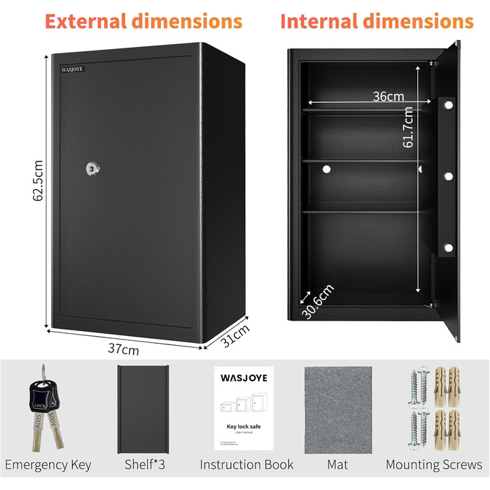 Сейф Safe Tresor WASJOYE з ключем для дому/офісу, 67л (25x35x25 см)