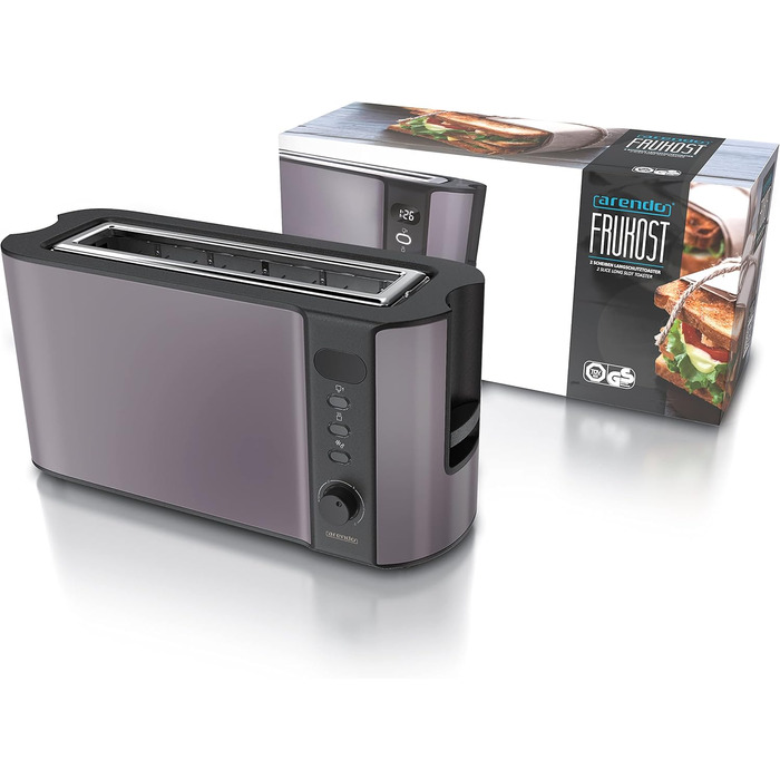 Arendo - 2-Slice Long Slot Toaster - Defrost Function - 1000W - Double-Walled Housing - Integrated Bun Tray - Browning Levels 1-6 - Display with Remaining Time Display D: Silvergrey