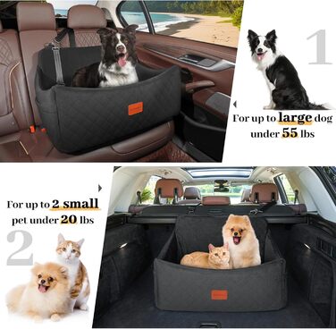 Wooaidagg Memory Foam Dog Car Seat - Washable & Detachable Pet Bed for Medium & Large Dogs - Includes 2 Leashes (Black, Large)