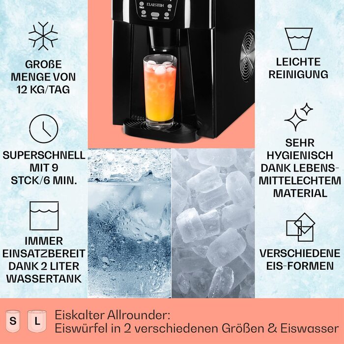 Машина для приготування льоду Klarstein Eiswürfelmaschine Klein, 2 л, водопостачальник, для 12 кг великого льоду, швидка, з сигналом, пластик (чорний)